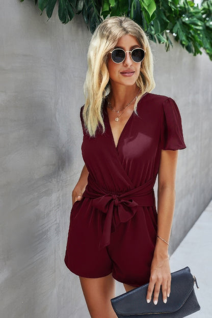 New Arrival – Stretch Belted Plunge Neck Wrap Knot Side Romper – New Arrival Now Live