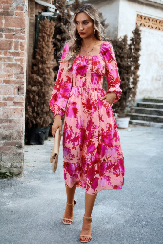 New Arrival – Floral High Elastic Waist Square Neck Pocket Dress – New Arrival Now Live