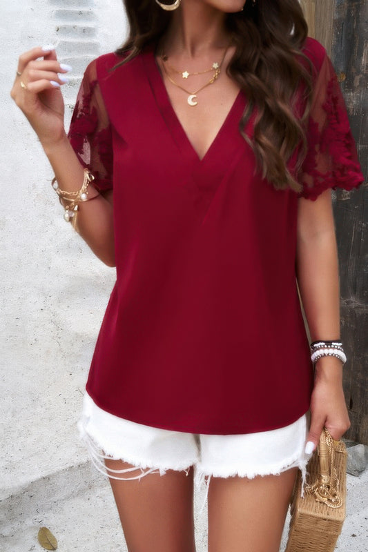 New Arrival – Solid Lace Floral V Neck Short Sleeve Shirt – New Arrival Now Live
