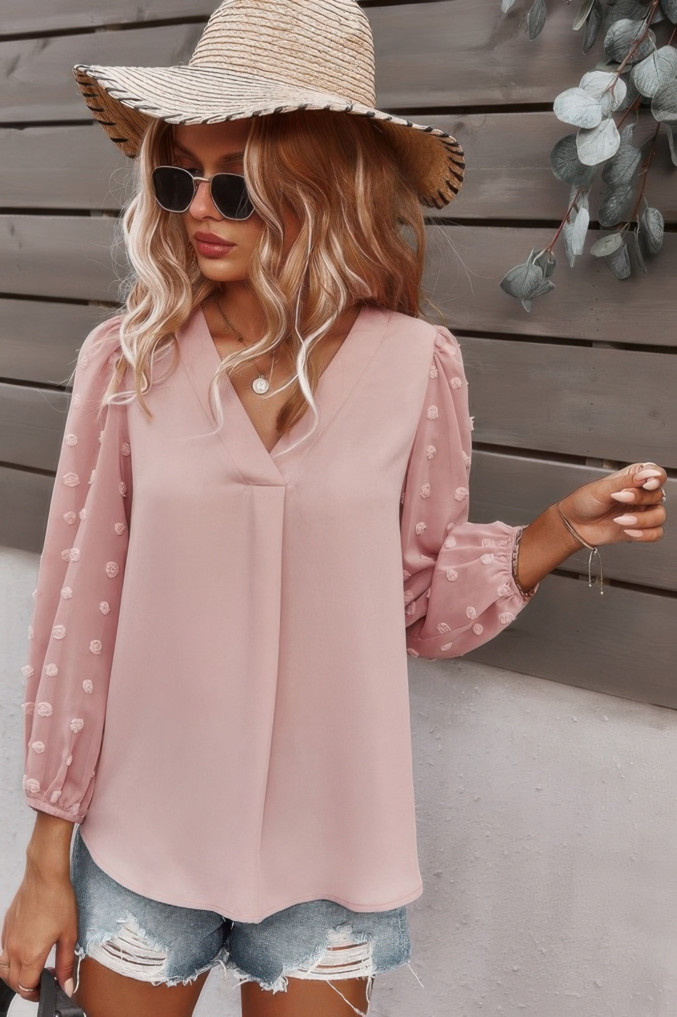 Solid V Neck Lantern Sleeve Swiss Dot Shirt – New Arrival Now Live