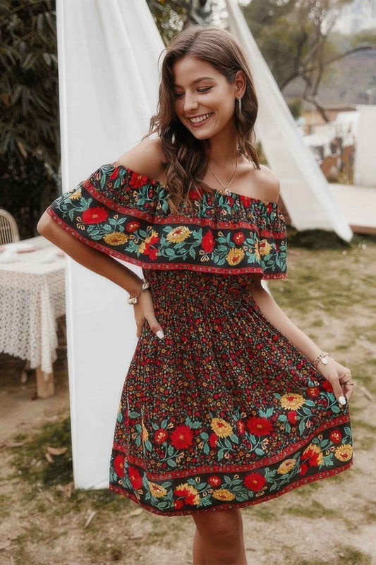 New Arrival – Boho Print Cut Ruffle Accented Pleated Short Dress – New Arrival Now Live