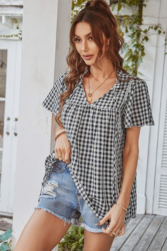 New Arrival – Gingham V Neck Plaid Loose Drawstring Blouse – New Arrival Now Live