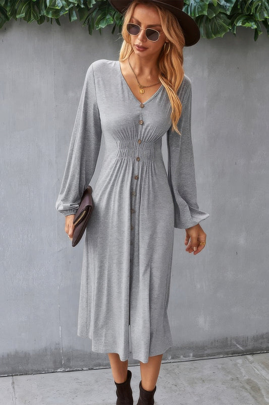New Arrival – Solid V Neck Elastic Waist Button Long Sleeve Dress – New Arrival Now Live