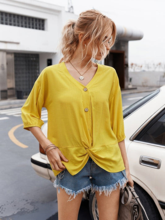 New Arrival – V Neck Drawstring Solid Button Down Blouse – New Arrival Now Live