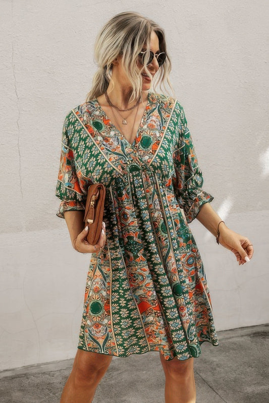 New Arrival – Boho Print Wrap Neck Tie Back Pleated Hem Dress – New Arrival Now Live