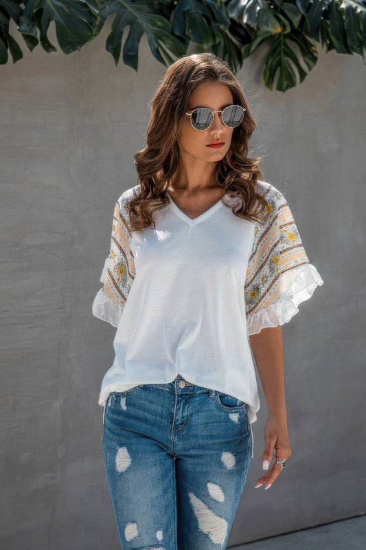 New Arrival – Splicing Print V Neck Ruffle Elegant Top – New Arrival Now Live