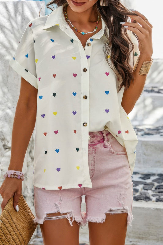 New Arrival – Heart Print Button Down Short Sleeve Loose Shirt – New Arrival Now Live