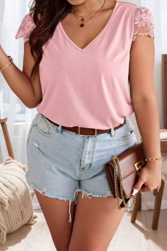New Arrival – Solid V Neck Lace Splicing Back Bowknot T Shirt – New Arrival Now Live