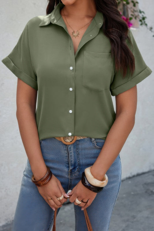 New Arrival – Solid Short Sleeve V Neck Button Down Tunic Shirt – New Arrival Now Live