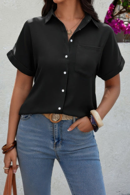 Solid Short Sleeve V Neck Button Down Tunic Shirt – New Arrival Now Live