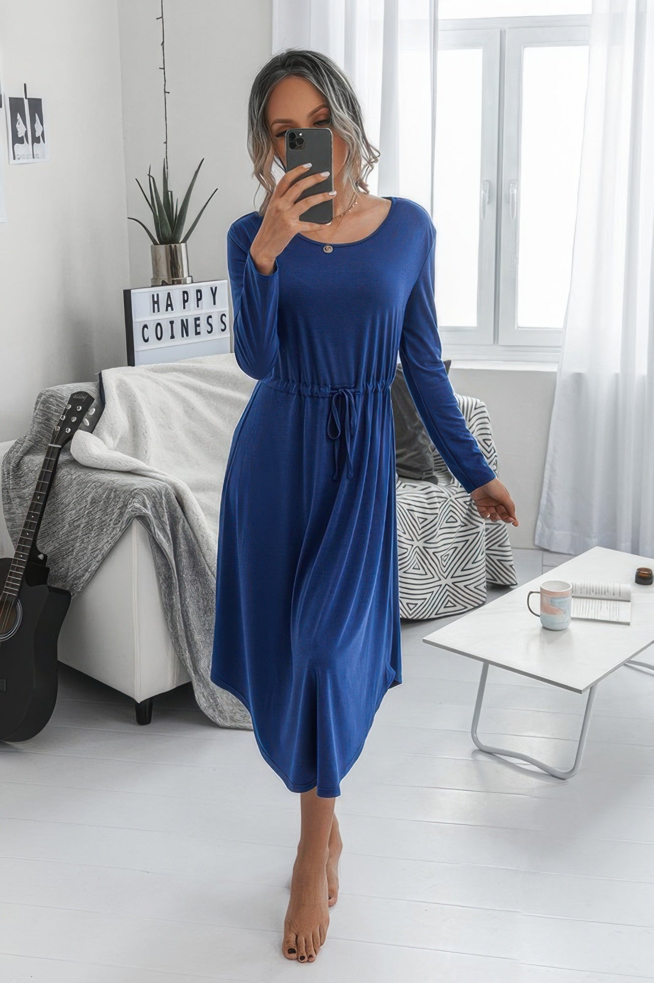 New Arrival – Solid Round Neck Long Sleeve Drawstring Dress – New Arrival Now Live