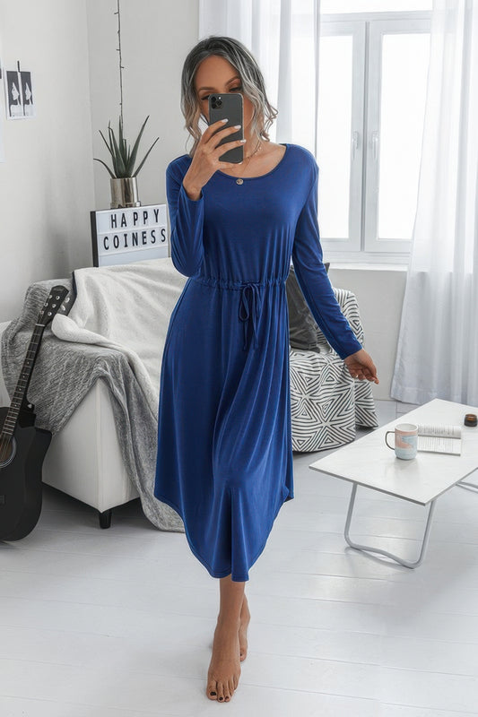 New Arrival – Solid Round Neck Long Sleeve Drawstring Dress – New Arrival Now Live