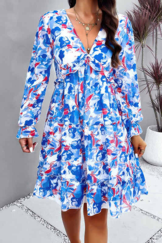 New Arrival – Elegant Printed V Neck Ruffled A Line Mini Dress – New Arrival Now Live
