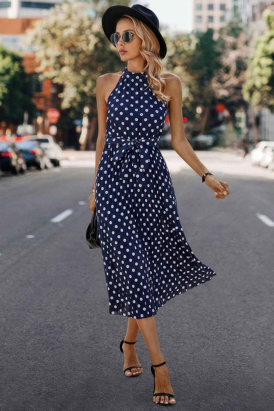 New Arrival – Dot Print Open Shoulder Fit Knot Belt Dress – New Arrival Now Live