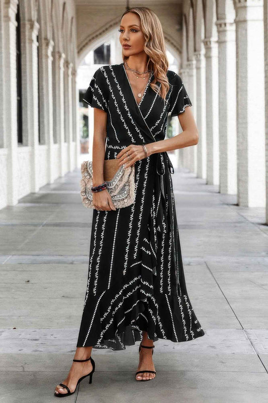 New Arrival – Strip Knot Belt Split V Neck Hem Ruffle Fit Dress – New Arrival Now Live