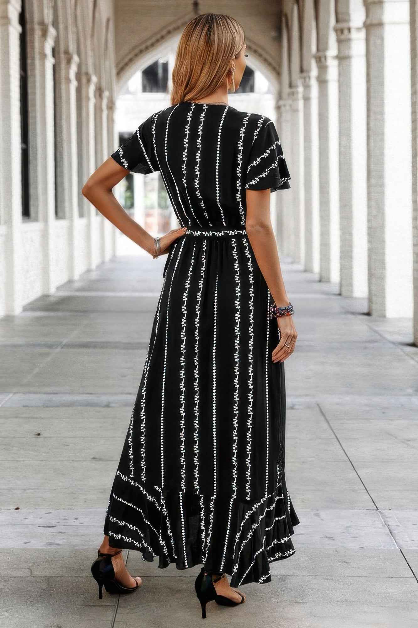Strip Knot Belt Split V Neck Hem Ruffle Fit Dress – New Arrival Now Live