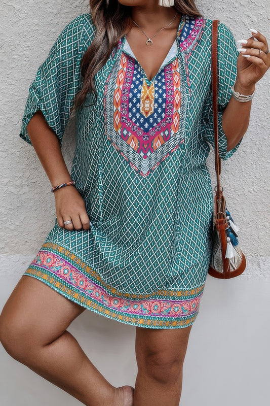 New Arrival – Plus Size V Neck Printed Loose Fit Midi Dress – New Arrival Now Live