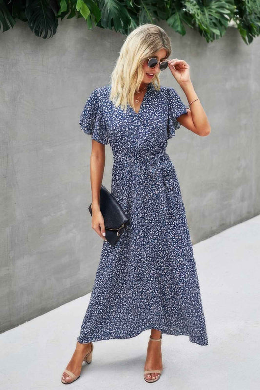 New Arrival – V Neck Blue Floral Short Sleeve Wrap Dress – New Arrival Now Live