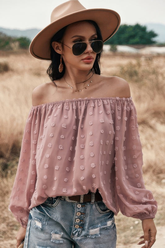 New Arrival – Off Shoulder Swiss Dot Long Sleeve Loose Top – New Arrival Now Live