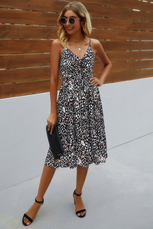 New Arrival – V Neck Spaghetti Strap Leopard Cut Out Midi Dress – New Arrival Now Live