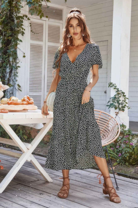 New Arrival – Floral Ruffle Hem Slit Short Sleeve Full Dress – New Arrival Now Live