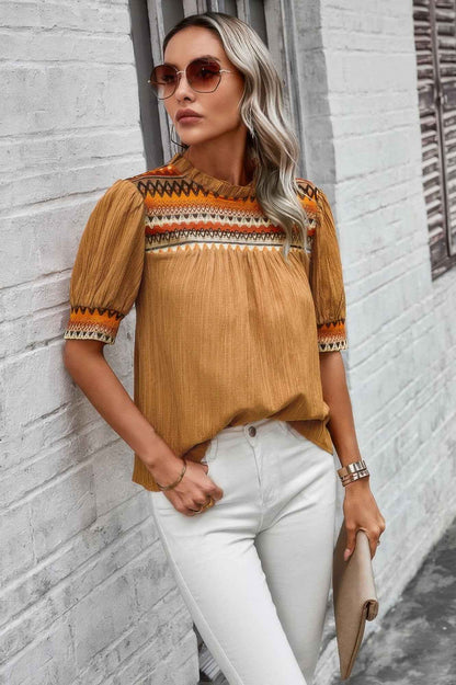 Geometric Print Elegant Textured Puff Sleeve Shirt – New Arrival Now Live