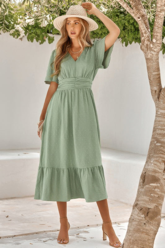 New Arrival – Solid V Neck Belted Wrap Layered Midi Dress – New Arrival Now Live