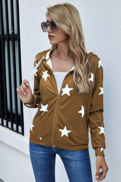 New Arrival – Stars Print Zip Up Long Sleeve Drawstring Hoodie – New Arrival Now Live