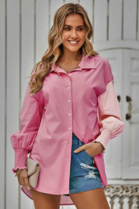 New Arrival – Color Block Button Down Cuffed Sleeves Blouse – New Arrival Now Live