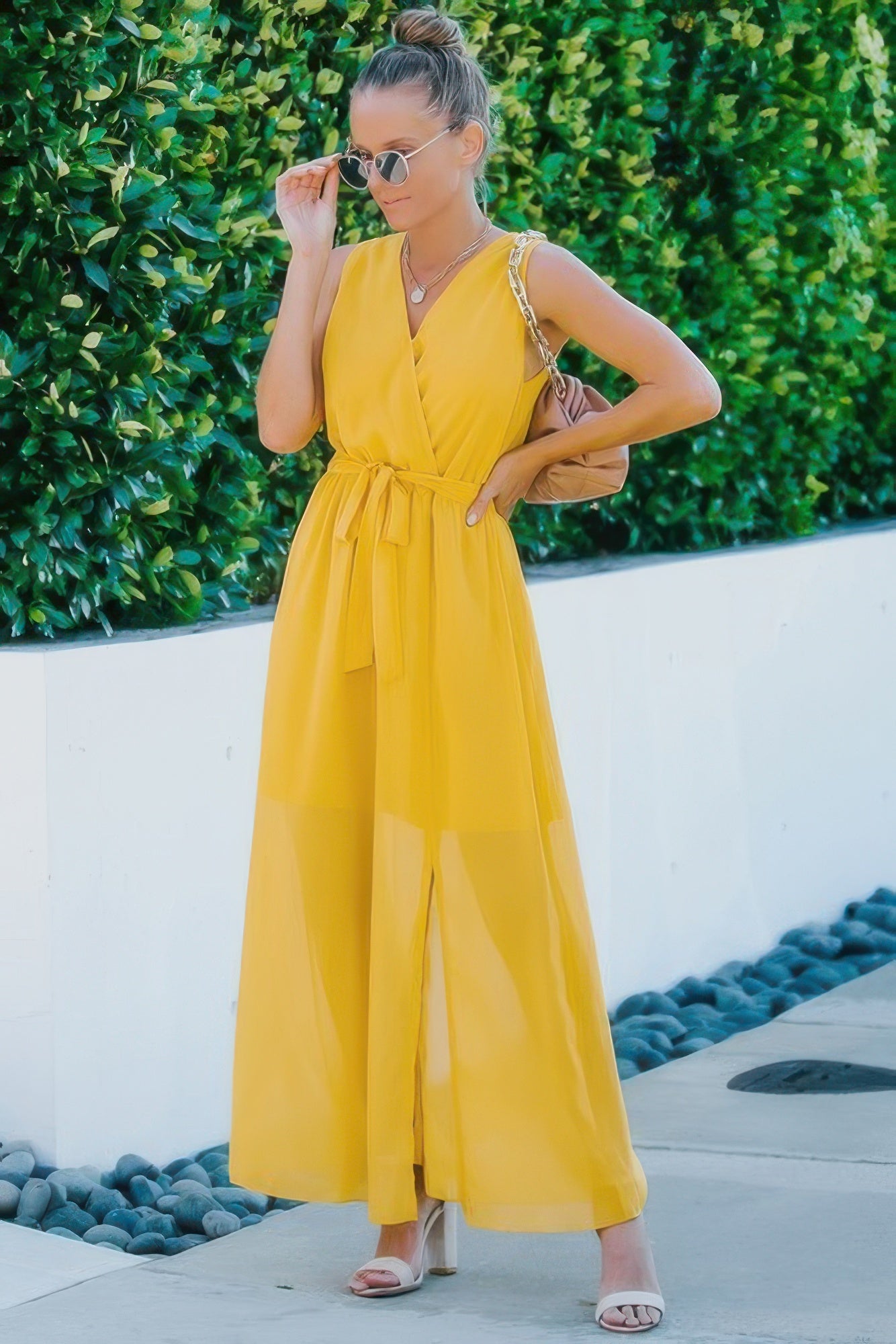 New Arrival – Solid Cross V Neck Sleeveless Tie Waist Split Dress – New Arrival Now Live