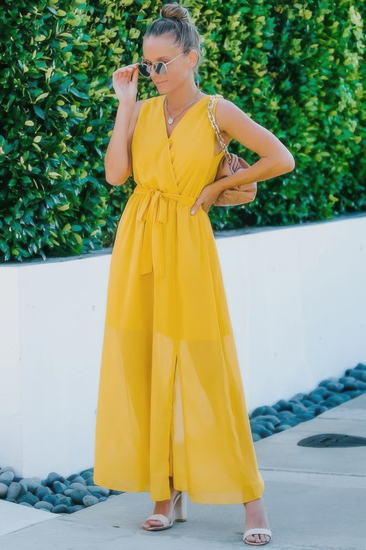 New Arrival – Solid Cross V Neck Sleeveless Tie Waist Split Dress – New Arrival Now Live