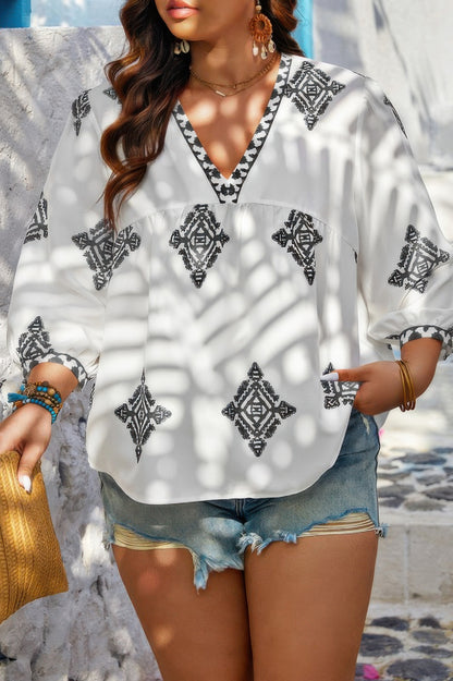 New Arrival – Plus V Neck Geometric Printed Embroidered Peplum Shirt – New Arrival Now Live