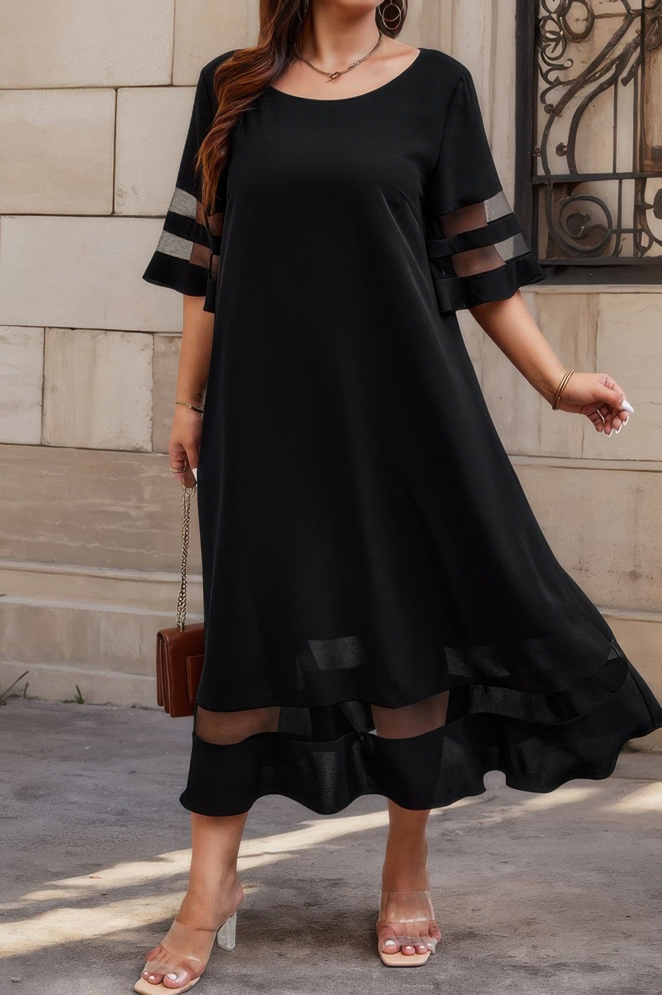New Arrival – Plus Size Mesh Splicing Round Neck Long Dress – New Arrival Now Live