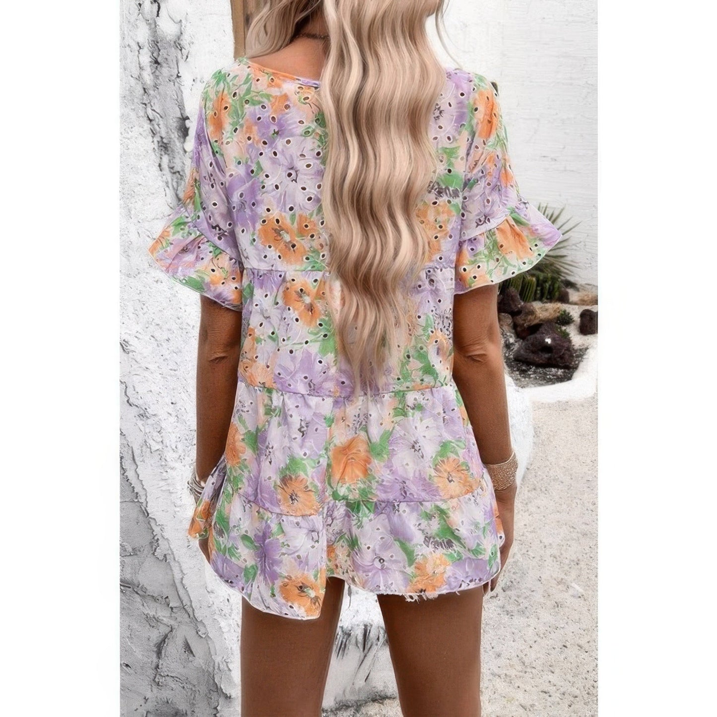 Scoop Neck Floral Print Hollow Out Ruffle Hem Top – New Arrival Now Live