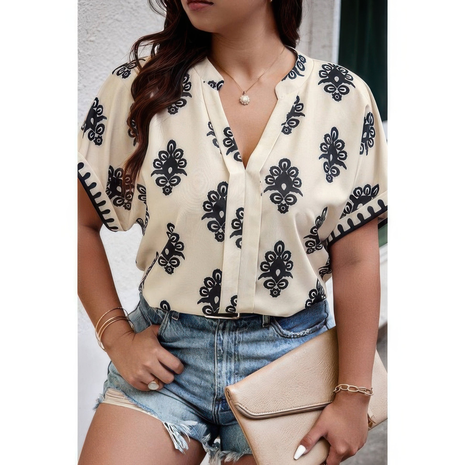 New Arrival – Plus Size Short Sleeve V Neck Printed Blouse – New Arrival Now Live