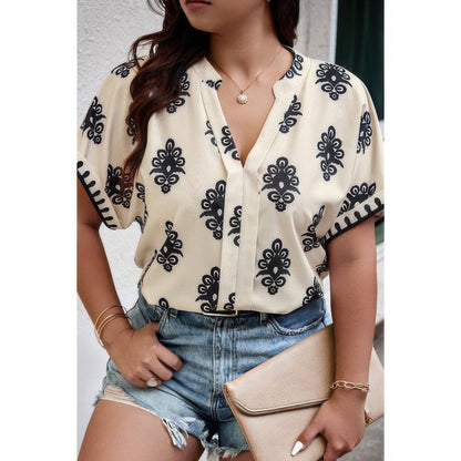New Arrival – Plus Size Short Sleeve V Neck Printed Blouse – New Arrival Now Live