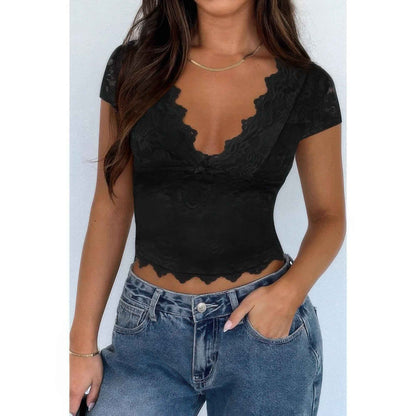 Solid Color Block V Neck Lace Trim Fit Shirt – New Arrival Now Live