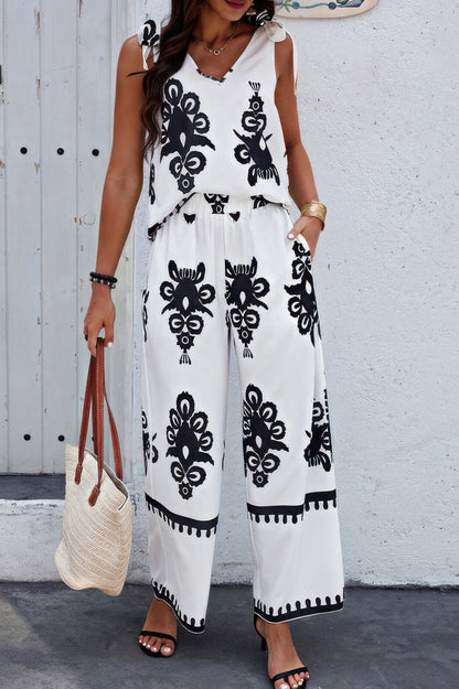 New Arrival – Floral Knot Shoulder Sleeveless Elastic Waist Sets – New Arrival Now Live
