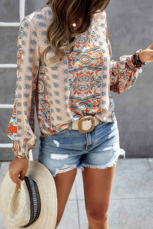 New Arrival – V Neck Graphic Pattern Notched Neck Blouse – New Arrival Now Live