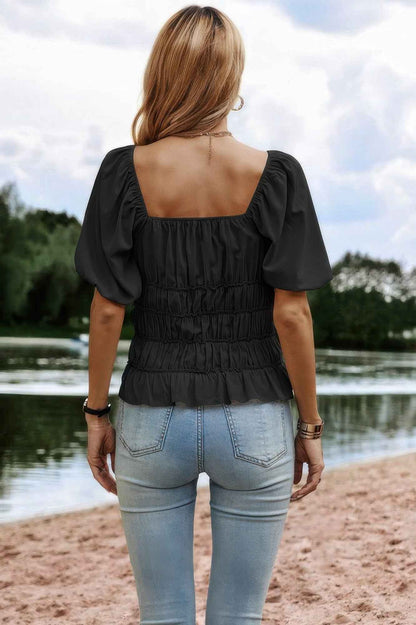 Solid Square Neck Shirred Flounce Sleeve Peplum Blouse – New Arrival Now Live