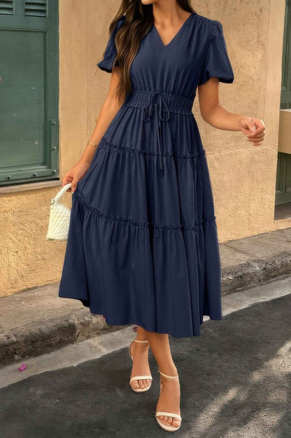 New Arrival – Solid Color Block Puff Sleeve Elastic Waist Dress – New Arrival Now Live