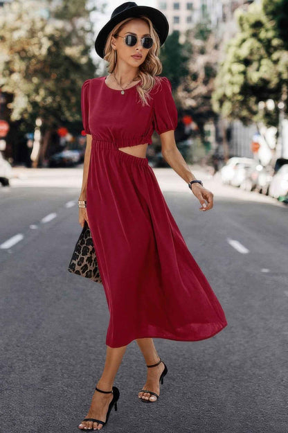 New Arrival – Solid Round Neck Cutout Waist A Line Midi Dress – New Arrival Now Live