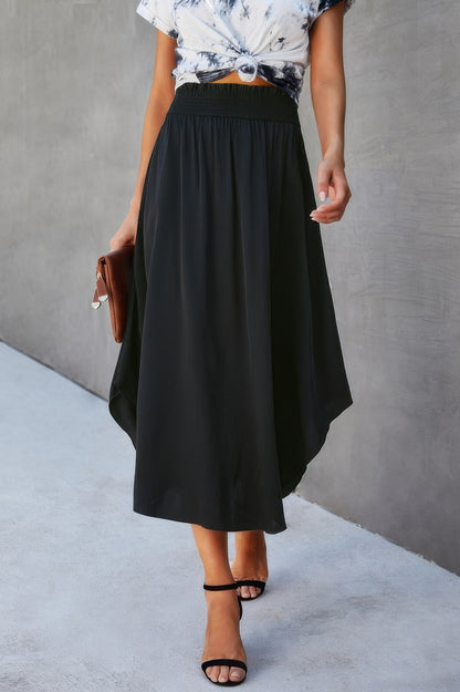 New Arrival – Solid Shirred Waist Asymmetrical Hem Flared Skirt – New Arrival Now Live