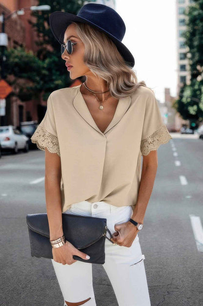 Solid Lace Trim Sleeve V Neck Fit Blouse – New Arrival Now Live