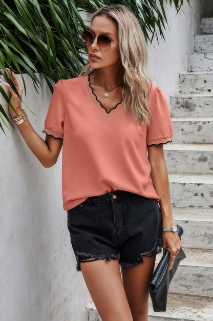 V Neck Contrast Trim Elegant Short Sleeve Shirt – New Arrival Now Live