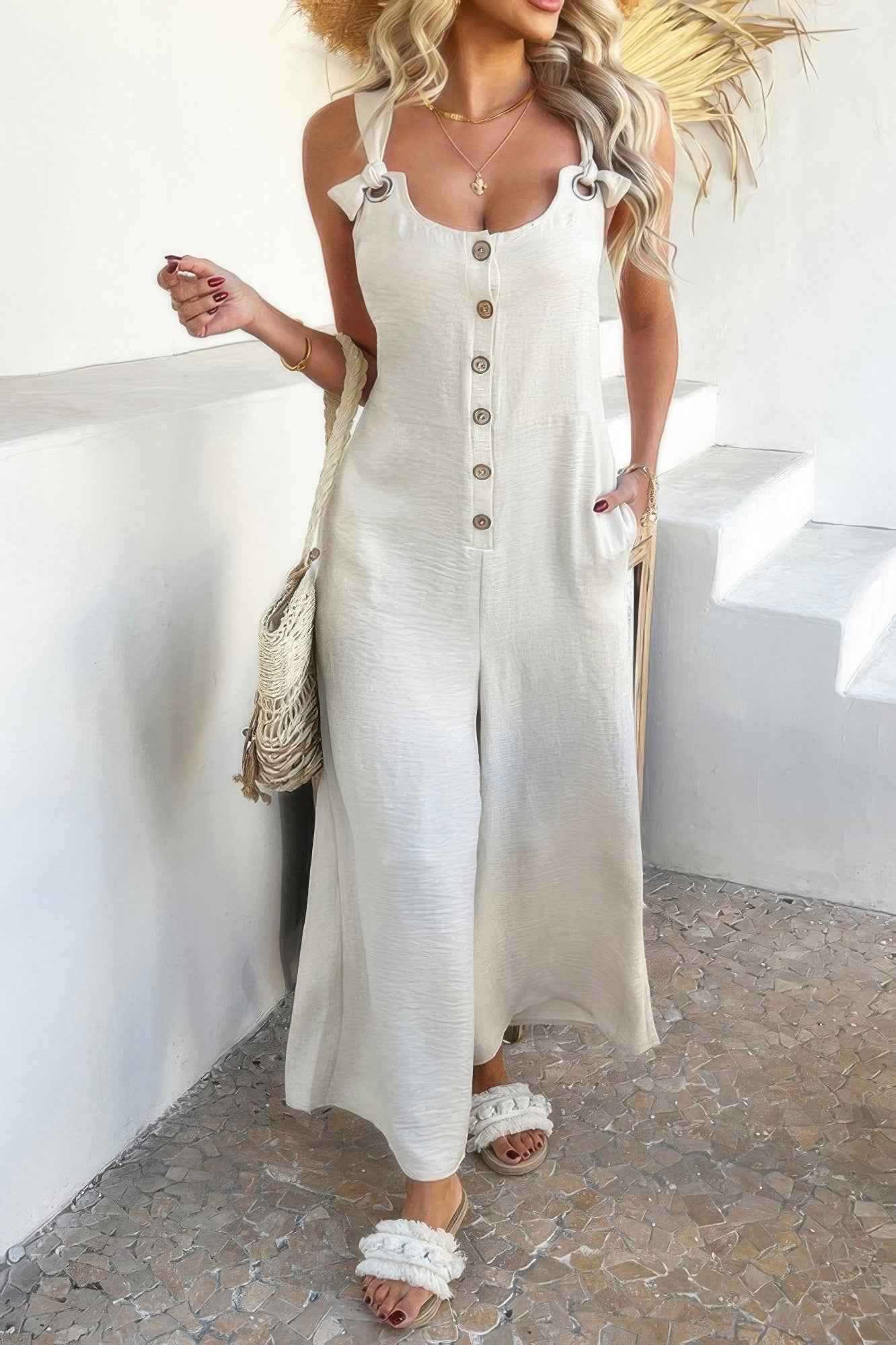 New Arrival – Button Front Knotted Strap Wide Leg Jumpsuit – New Arrival Now Live
