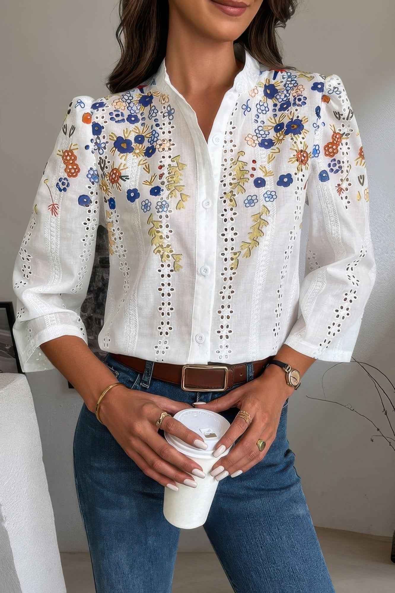 Floral Hollow Out Button Down Long Sleeve Blouse – New Arrival Now Live