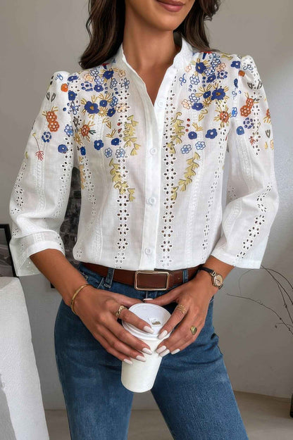 Floral Hollow Out Button Down Long Sleeve Blouse – New Arrival Now Live