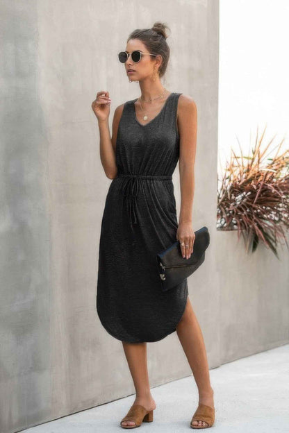 Plus Size Solid Sleeveless Slim Waist V Neck Midi Dress – Stylish & Comfortable – New Arrival Now Live