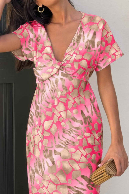 New Arrival – Geometric Print Twist Design Short Sleeve Fit Dress – New Arrival Now Live